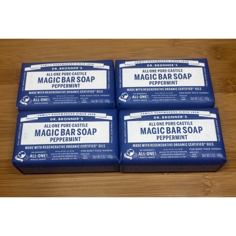 Lot Of 4 - Dr. Bronner's All-One Pure-Castile Magic Bar Soap, Peppermint, 5 oz